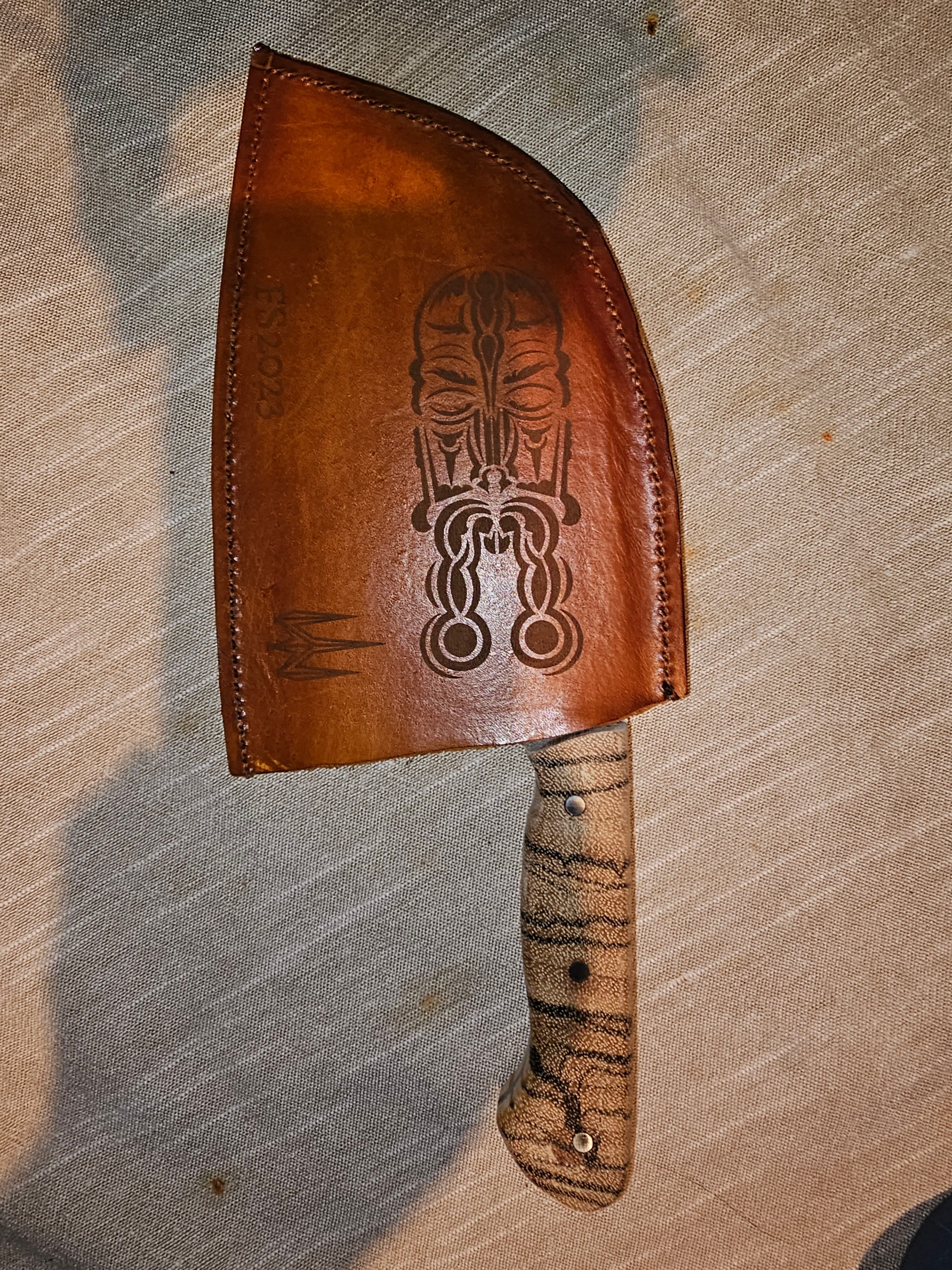 Custom cleaver with zebra wood handle and engraved leather sheath FS2023