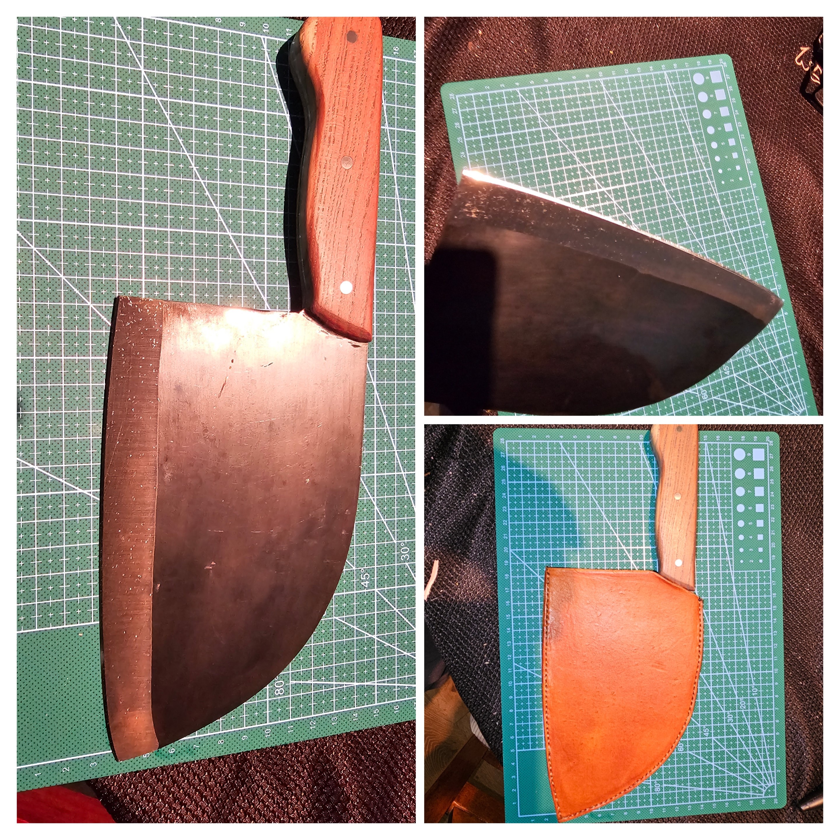 Handforged cleaver with wood handle and custom leather sheath
