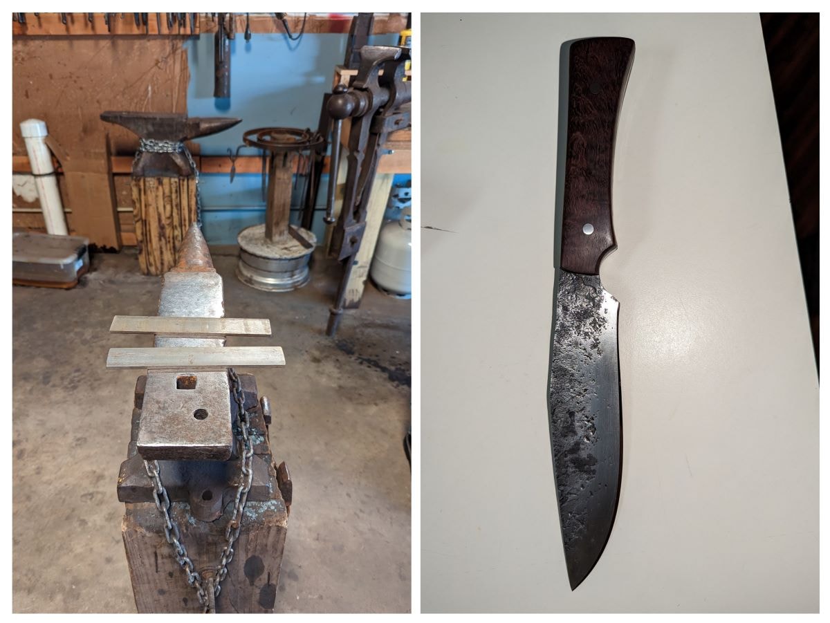 Blacksmith forge and anvil setup with handcrafted knife