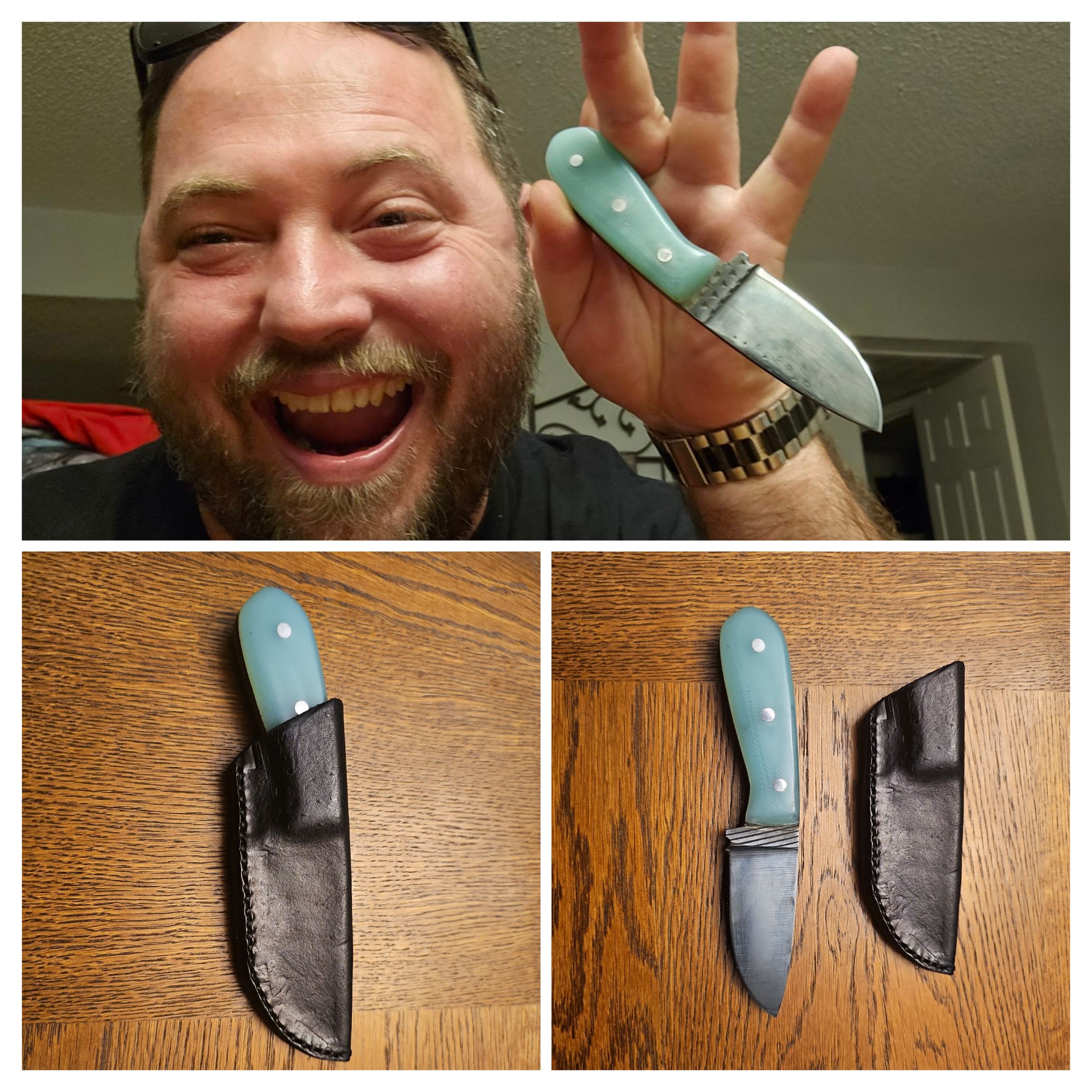 Custom knife with turquoise handle and black leather sheath collage