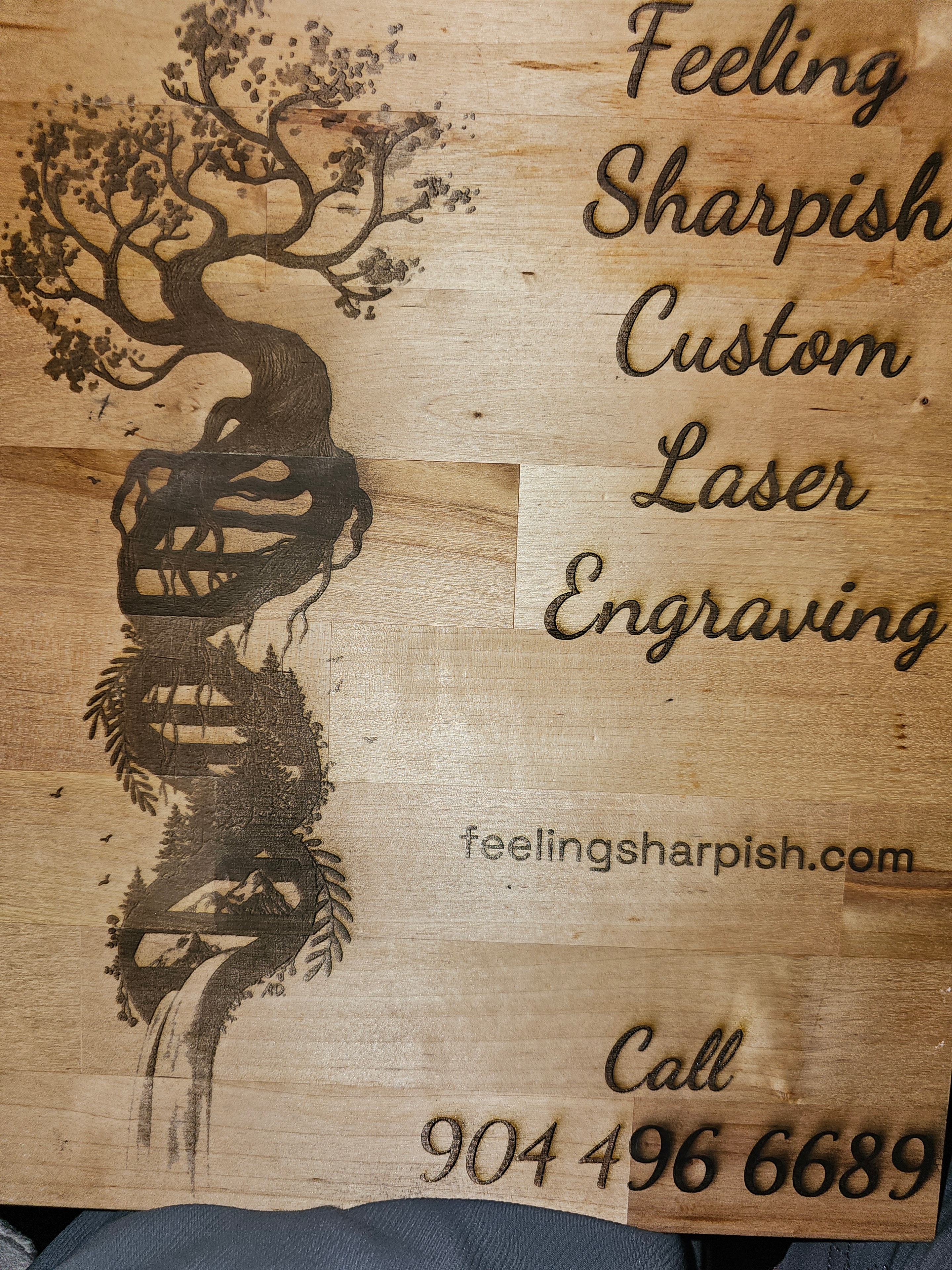 Feeling Sharpish custom laser engraved wood business sign with tree artwork