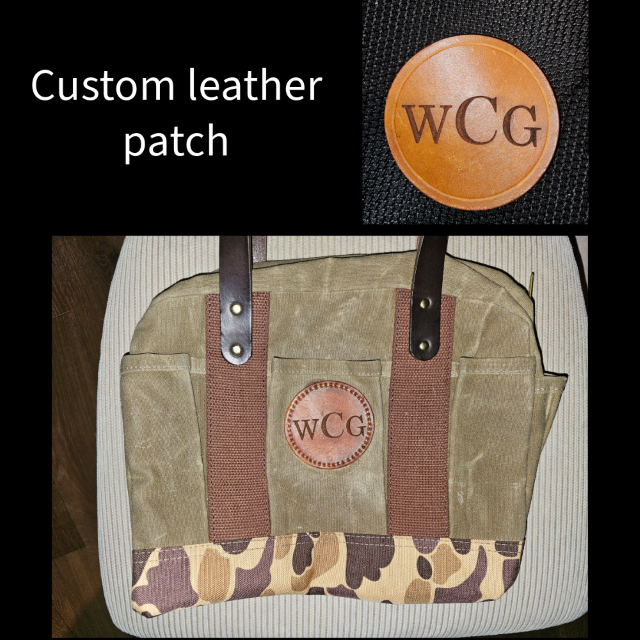 Custom WCG leather patch engraved on canvas tote bag