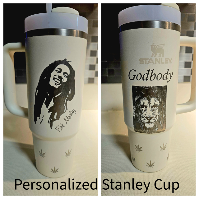 Personalized Stanley cups with Bob Marley and lion laser engraving