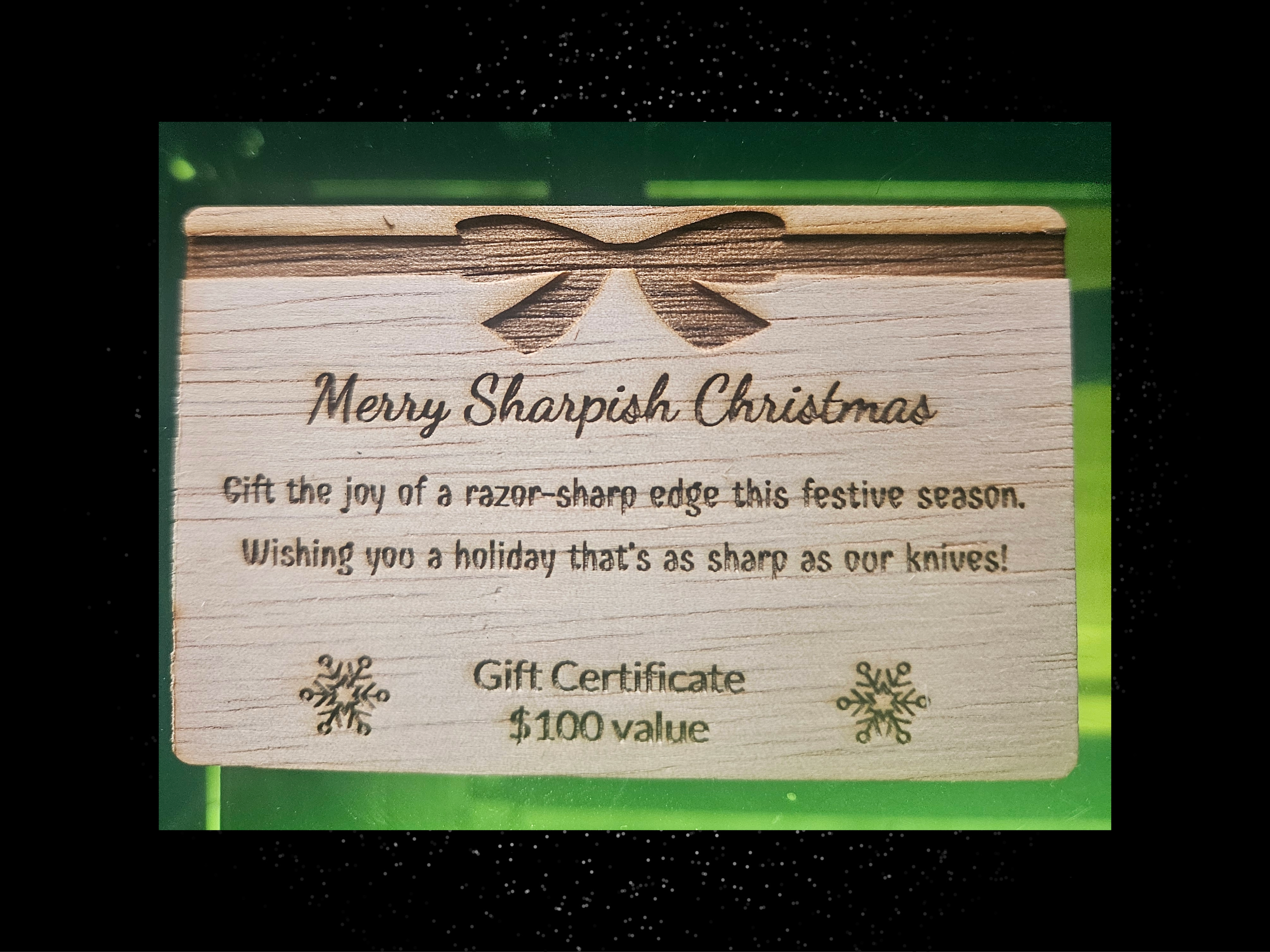 Merry Sharpish Christmas laser engraved wooden gift certificate