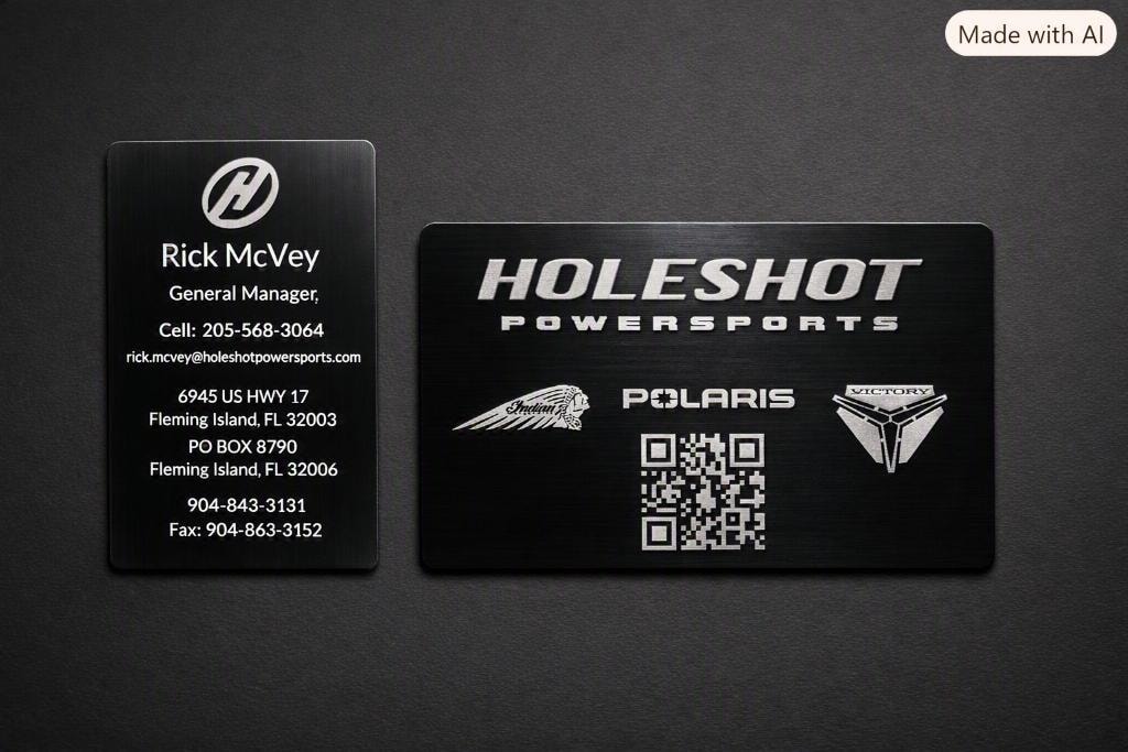Holeshot Powersports custom laser engraved metal business cards