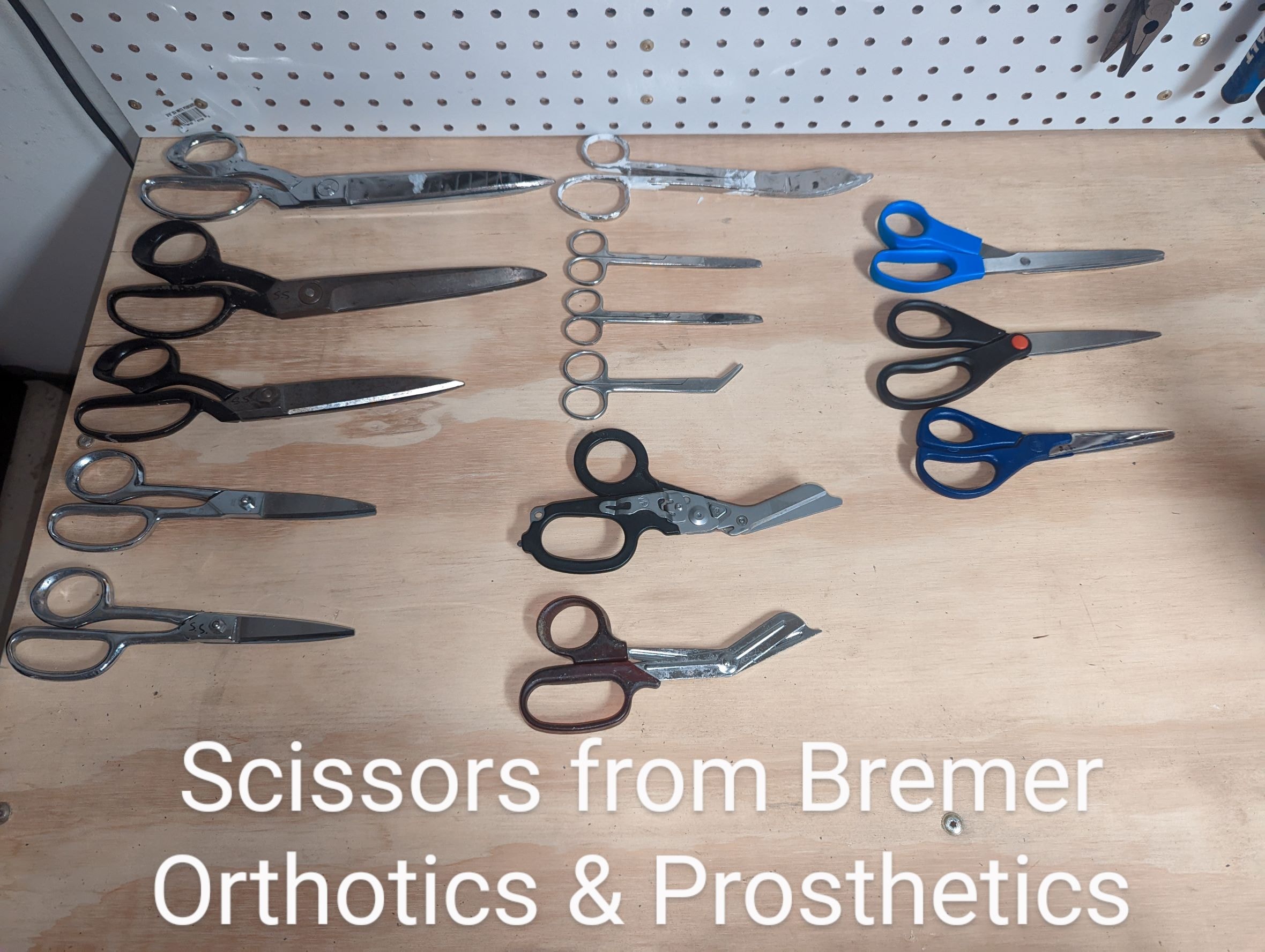 Collection of medical scissors on display