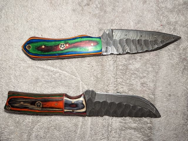 Custom Damascus steel knives with colorful wood handles