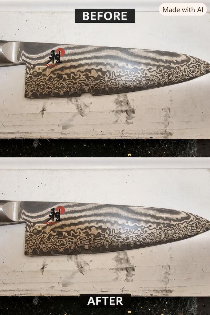 Damascus knife before and after sharpening restoration