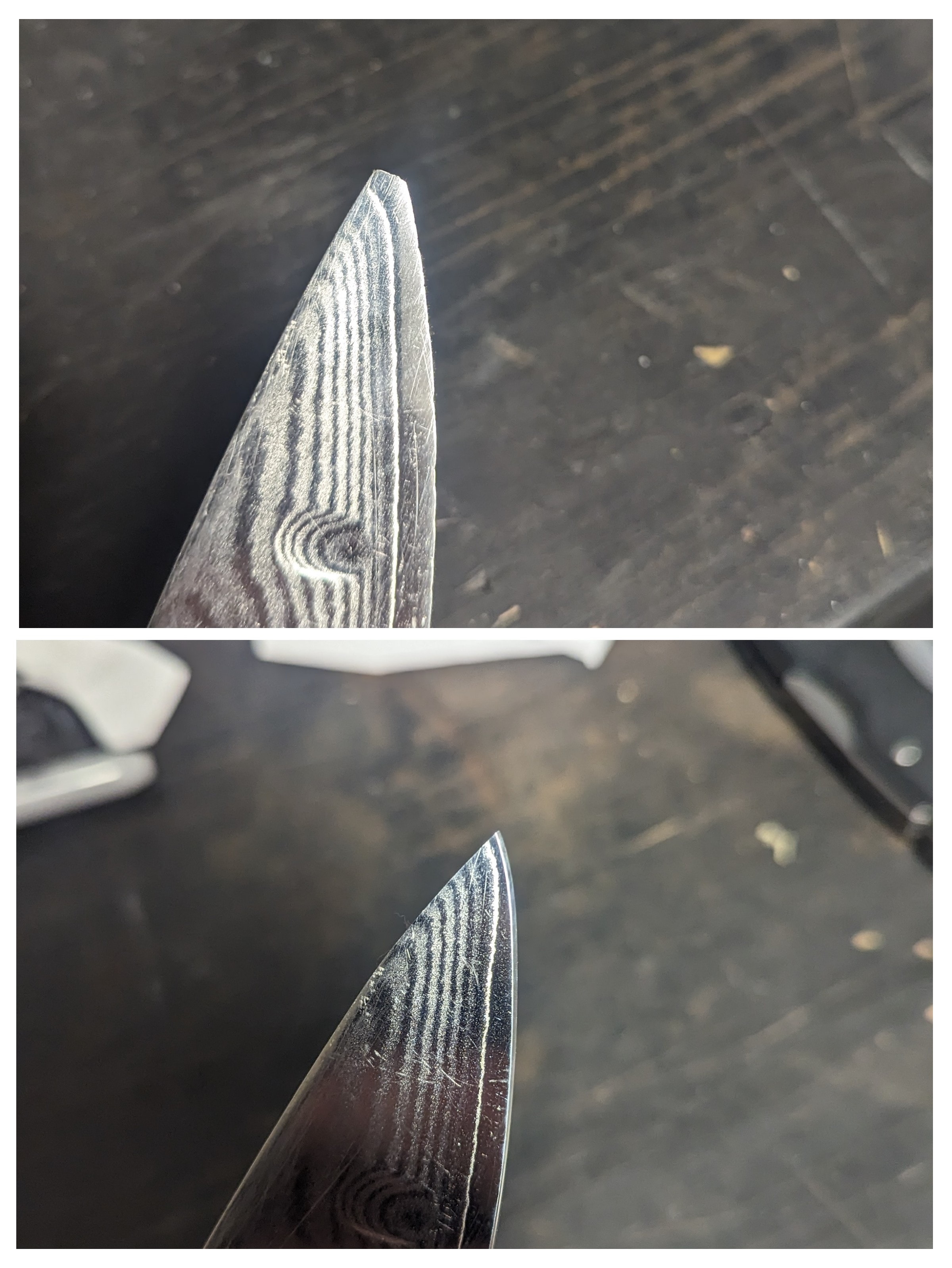Damascus steel knife tip before and after sharpening