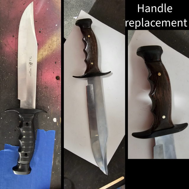 Knife handle replacement — old handle removed, new wood handle fitted