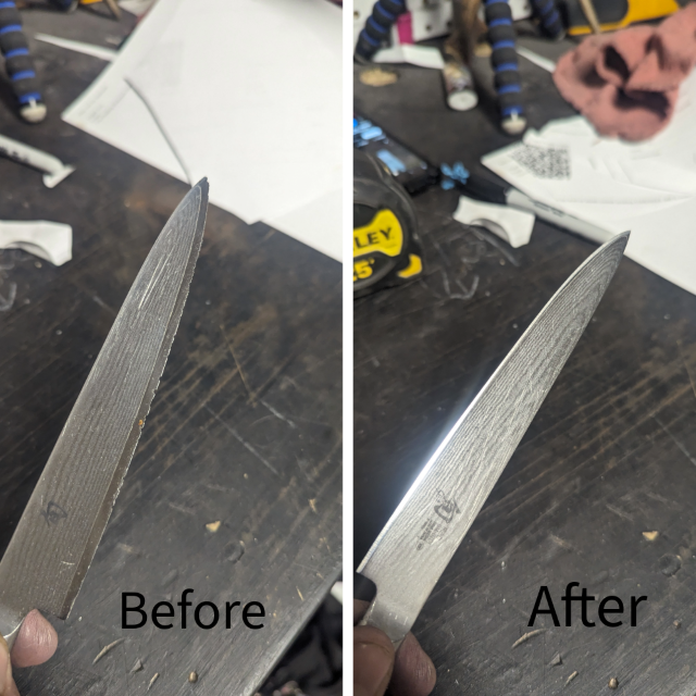 Knife blade chips before and after repair