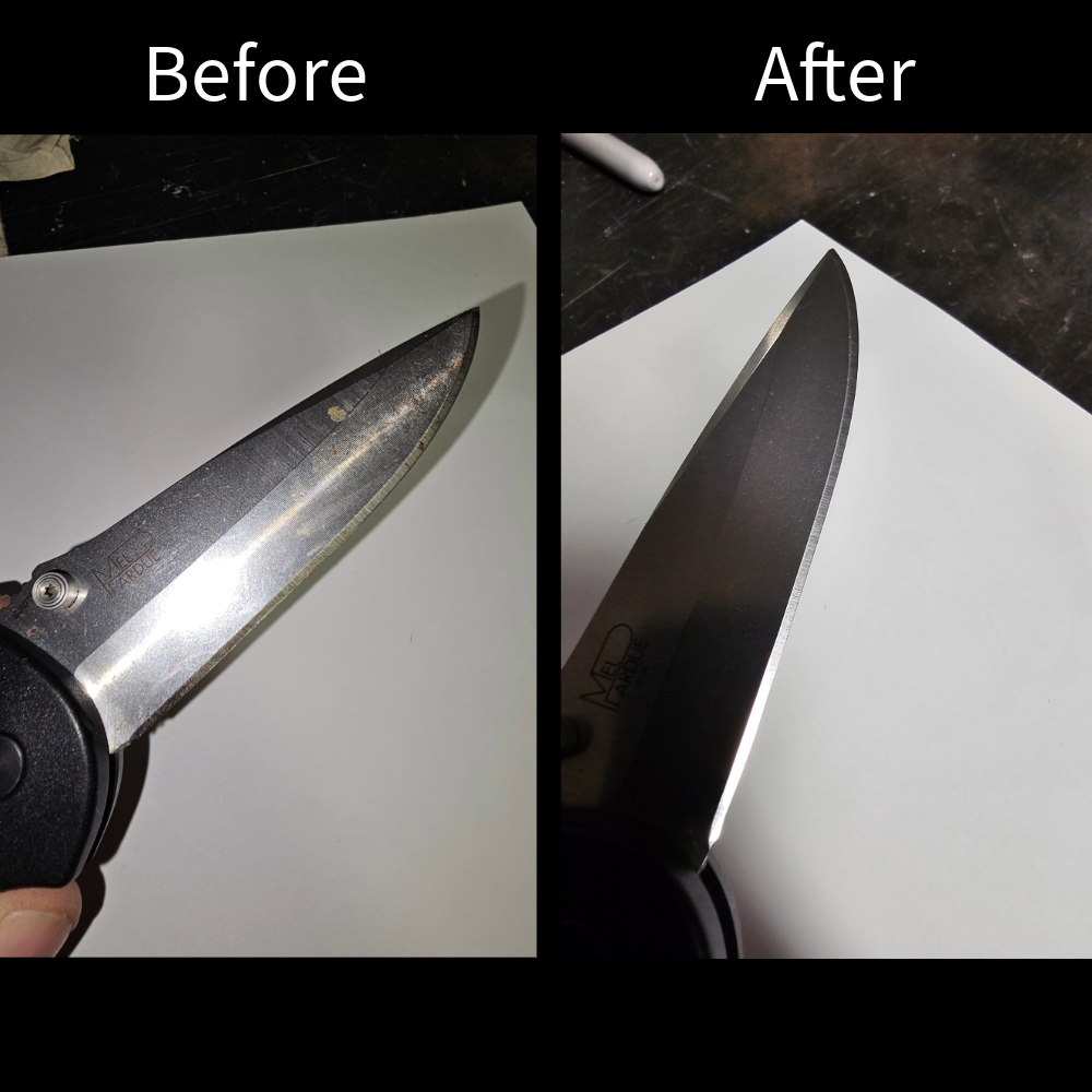Knife before and after sharpening — dull to razor sharp