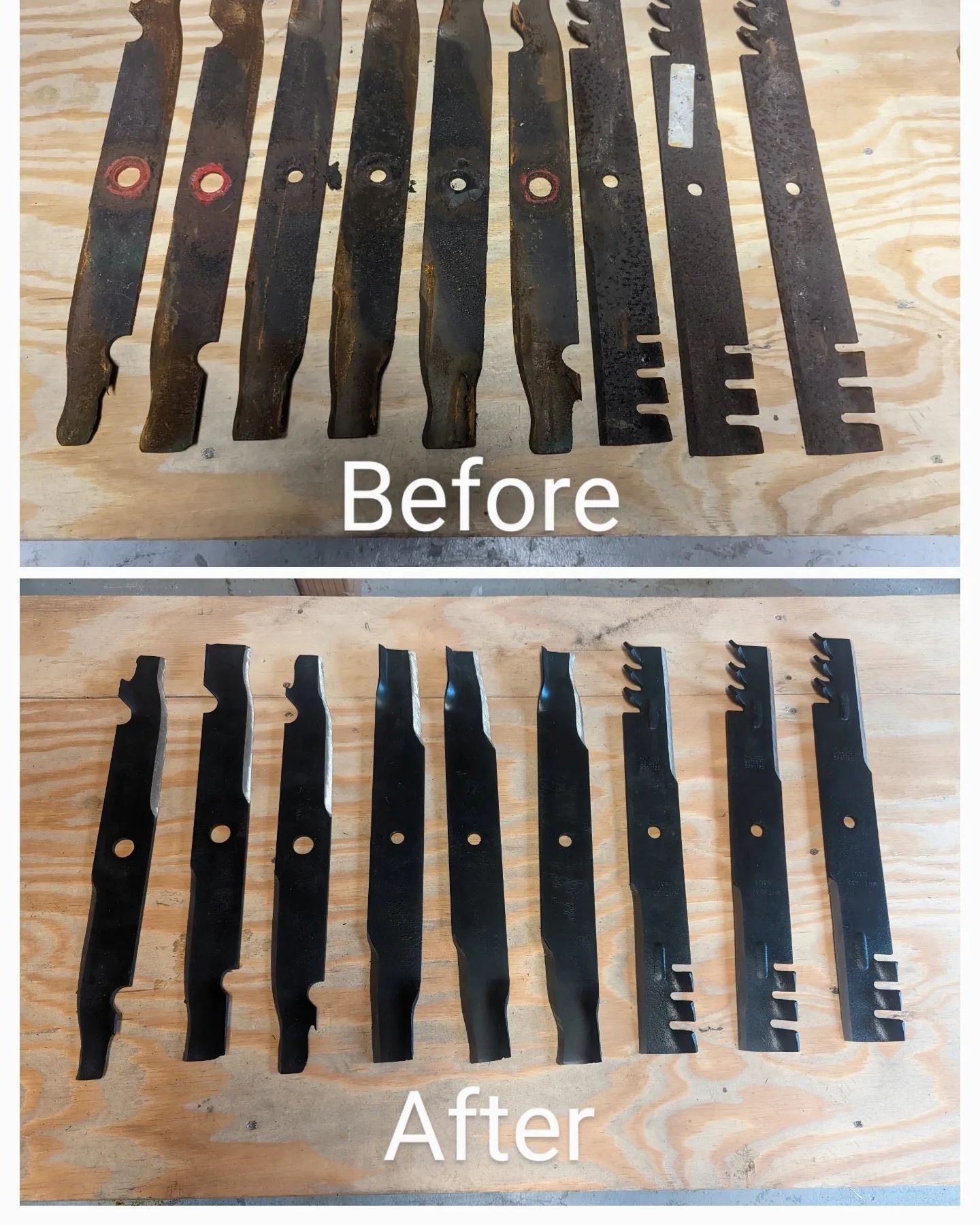 Rusty lawn mower blades restored and refinished